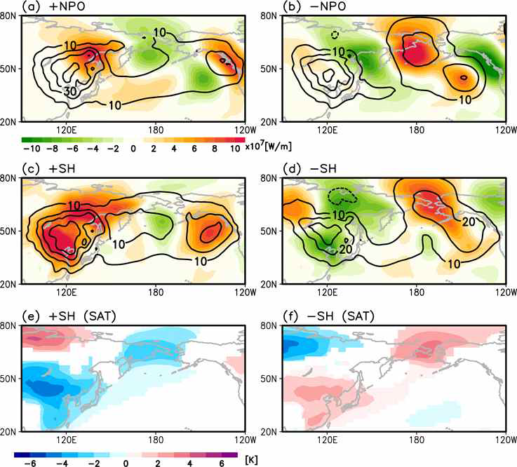 (a-b) 북태평양 진동의 발달에 따른 남북방향 열속의 변화 (채색: 열속 어노말리, 등치선: 전체(raw) 열속). (c-d) 시베리아 고기압의 발달과 약화 이후의 남북방향 열속의 변화와 (e-f) 이에 동반되는 실제 지상 기온의 변화