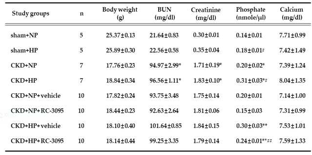 in vivo mouse chronic kidney disease (CKD)의 혈관석회화 모델에서 RC-3095가 미치는 영향 조사