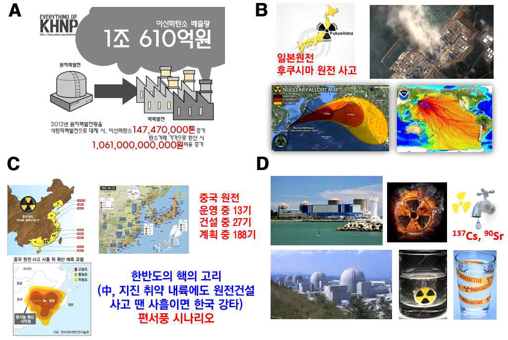 A) 국내 원자력산업의 확대 및 오염물질처리에 대한 심각성 대두, B) 후쿠시마 137Cs 해양유출 확산도, C) 중국 원전 사고에 의한 편서풍 시나리오 D) 방사성동위원소 (137Cs, 90Sr)의 노출의 심각성