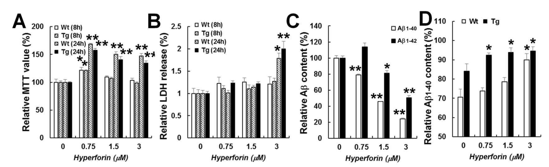 APPsw/PSdE9 transgenic mouse 유래의 embryonic cerebral cortex 유래의 primary astrocyte에서의 hyperforin에 의한 베타 아밀로이드의 감소. (A-B) MTT assay(A) 및 LDH release assay(B). wild type 및 transgenic mouse의 astrocyte에 8/24시간 동안 hyperforin을 처리한 후의 결과 (C) hyperforin을 24시간 처리한 후, media에서의 sandwich ELISA를 통한 human beta-amyloid 1-40/42의 상대량 비교. A~C의 실험은 hyperforin의 기술된 농도로 8시간 동안 처리 후 수행하였음. (D) wild type 및 transgenic mouse의 astrocyte에 1ng의 베타 아밀로이드를 처리한 후, 4시간 후의 잔여 베타아밀로이드 양을 측정한 결과