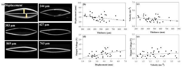 (a) High-speed camera images of several high deformations of the devices due to vibrating behavior in response to sound wave application. (b) Displacement and (c)velocity of the devices with varying thickness. Effects of (d) displacement and (e) velocity on the output voltage of the devices