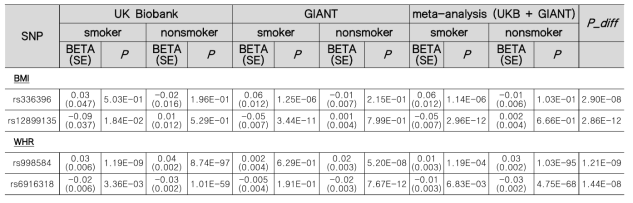 Stratified 분석법을 이용한 비만 형질에 대한 유전자-흡연 상호작용 분석 결과 (P_diff < 5E-08)
