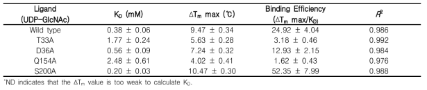 Kinetic parameters for the binding of UDP-GlcNAc to MtCuvA mutants by TSA