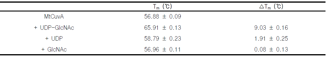 The melting temperatures (Tm) of MtCuvA interacting with UDP-GlcNAc, UDP and GlcNAc