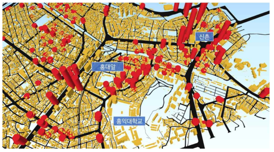 홍익대학교 및 신촌 일대 3D 지도 및 유동인구 분포