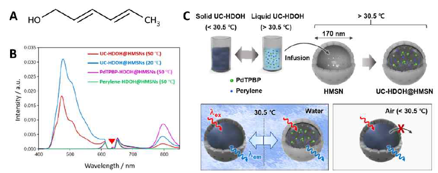 A) HDOH의 분자 구조. B) 발색단의 종류 및 온도에 따른 photoluminescence 세기 비교. C) UC-HDOH를 실리카 내부에 담지하는 것을 나타낸 모식도