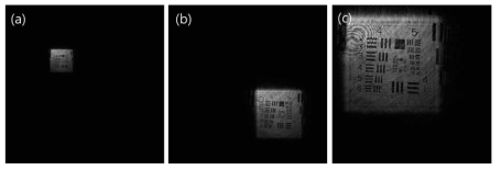 Intensity images reconstructed using the Fresnel-Bluestein transform (FBT). The images are of 4,096 ×4,096 pixels with dierent pixel sizes: (a-c) pixel sizes of 4.597, 2.112, and 1.070 m, respectively