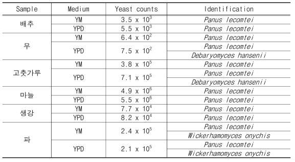 김치 원부재료의 효모 수 및 동정 결과