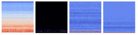 에어컨 소리의 특징 추출 예 (왼쪽부터 log-melspectrogram, melspectrogram, MFCC, MFCC&ΔMFCC