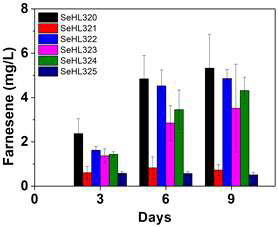 Synthetic pathway 도입된 파네신 생산 균주의 파네신 생산 그래프