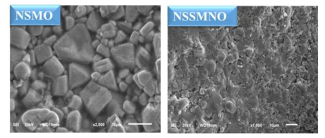 Nd1.4Sr1.6Mn2O7 (NSMO) 및 Nd1.2Sm0.2Sr1.6Mn1.9Nb0.1O7 샘플의 SEM 관찰결과