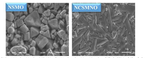 Nd1.4Sr1.6Mn2O7 (NSMO) 및 Nd1.2Ce0.2Sr1.6Mn1.9Nb0.1O7 샘플의 SEM 관찰 결과