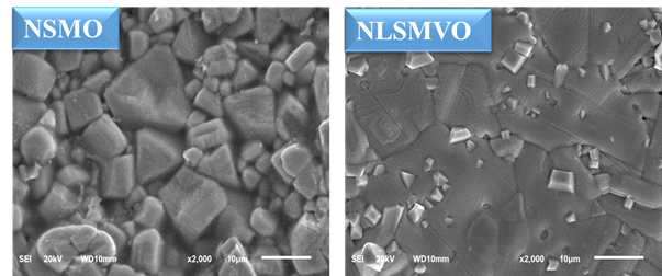 Nd1.4Sr1.6Mn2O7 (NSMO) 및 Nd1.2La0.2Sr1.6Mn1.9V0.1O7 샘플의 SEM 관찰 결과