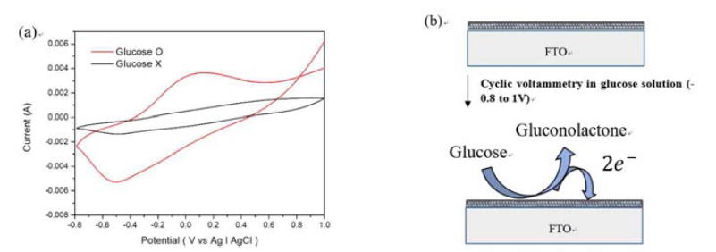 (a) C-V curve about glucose detection of high purity TiO2/CS- PPy sensor in 0.1 M NaOH electrolyte with 1 mM glucose and without glucose. (b) Schematic of the glucose detection mechanism