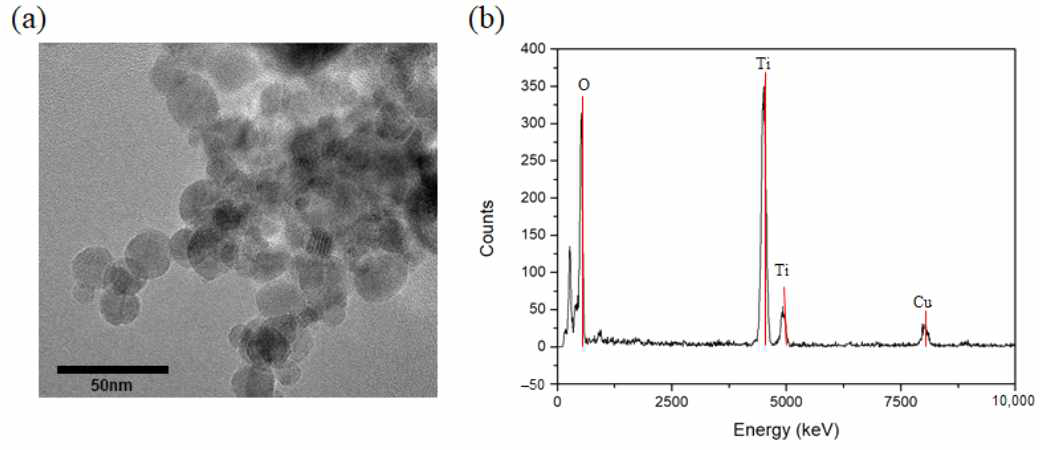 열 플라즈마 공정으로 제조 된 TiO2 나노 입자의 (a) TEM 이미지 및 (b) EDX 데이터