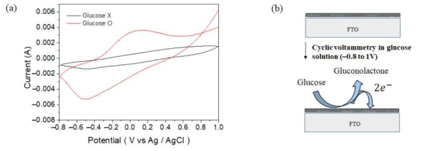 1mM의 0.1M NaOH 용액에서 (a) 포도당 유무 상태에서 CS-PPy / TiO2 센서의 순환 전압 전류도, (b) 포도당 감지 동안 센서 표면의 반응