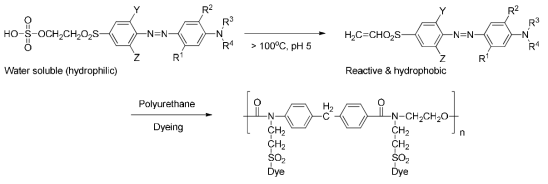 반응성 분산염료를 이용한 폴리우레탄의 고착성 분산염료 구조의 예