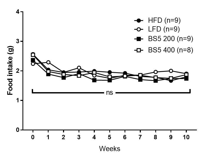 5일차 발아 메밀 in vitro 소화물 경구 투여한 고지방 식이 섭취 실험동물의 식이섭취량 변화