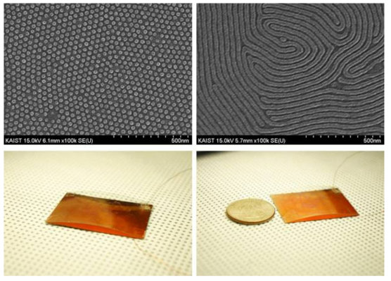 (위) 블록공중합체 자기조립를 통해 얻어진 나노미터 스케일의 SiOx 패턴(Hexagonal Dot-Array와 Finger-Print like Pattern) (아래) 위 나노패턴들을 이용한 정전기력 에너지 하베스팅 소자