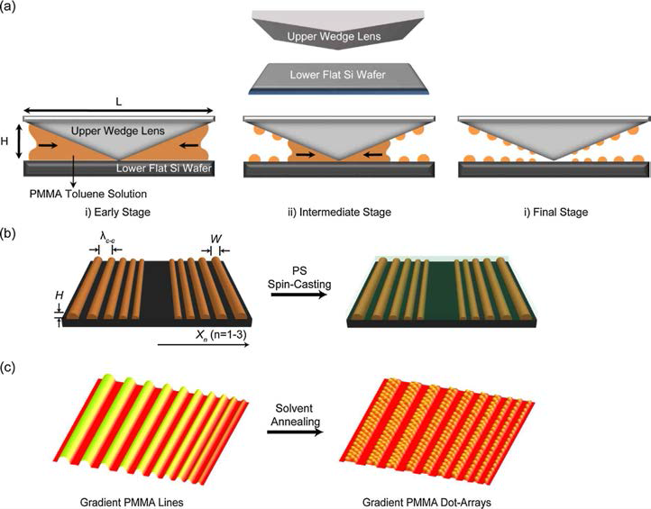 (a) Schematic illustration of the formation of gradient concentric PMMS stripes, (b) Cartoon for the gradient concentric PMMA stripes formed on top of Si substrate with dimensional features. Left panel: h, w, and λc-c are the height, width, and characteristic center-to-center spacing between adjacent stripes. Xn indicates the position from the contact center. Right panel: Spin-coating of PS on top of gradient concentric PMMA stripes. (c) Capillary breakup of PMMA stripes into spatially ordered dot-arrays beneath continuous PS filmdriven by vapor annealing process using selective solvent for PMMA