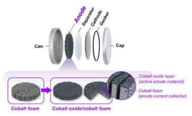 다공성 코발트에 코발트 산화물을 도포 후 코인셀 제작 모식도