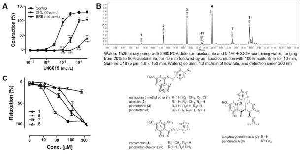 핑거루트 MeOH 추출물과 주요 성분의 관상동맥 혈관반응성 개선효능(A,C), HPLC 프로파일 및 화합물(1-8)의 구조(B)