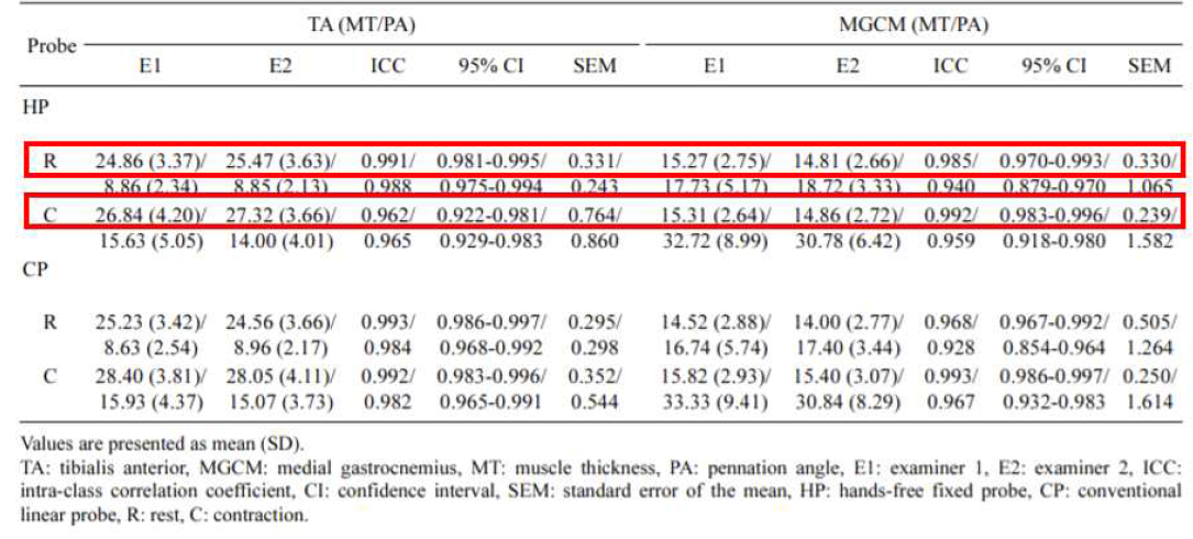 Inter-rater reliability between repeated measures on hands-free fixed probe and the conventional linear probe for TA & GCM MT and PA(until:mm/˚) (ㅜ=33)