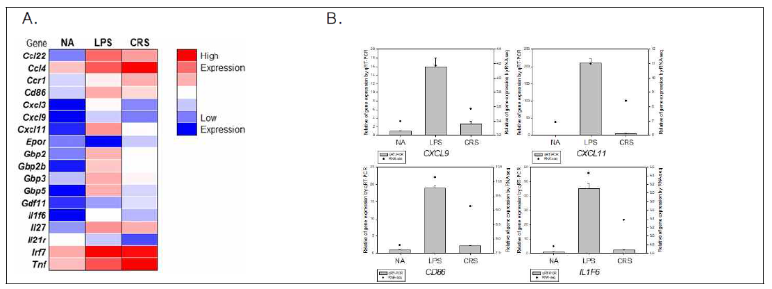 Detection of down-regulation of CXCL9, CXCL11, CD86, and IL1F6 by CRS treatment with quantitative real-time PCR