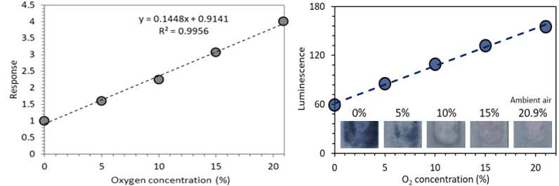 본 연구에서 제안한 센서의 산소 농도 별 전기 특성의 변화(좌), 산소 농도 별 색변화(우)
