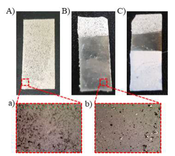 제작된 A) 다공성 PDMS, B) 전극이 증착된 PDMS, C)TiO2가 코팅된 모습, a) A)의 b) B)의 X60 현미경 관찰 모습