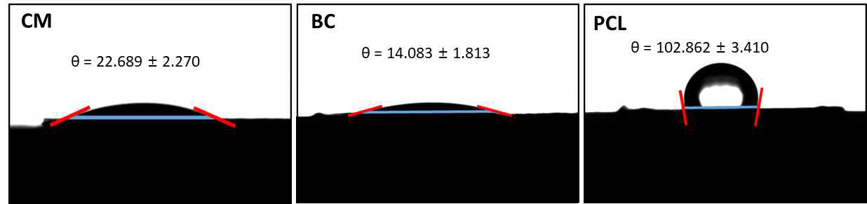 Contact angle on the surfaces of CM, BC, and PCL