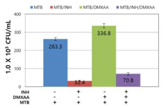 Intracellular cell survival assay. DMXAA는 5 ug/mL 농도로, INH 농도는 0.5 ug/mL를 처리하였으며, 회수한 결핵균은 21일 후 counting하였음. 총 6회 실험을 진행하였으며, 매 실험마다 duplicate 로 실험함