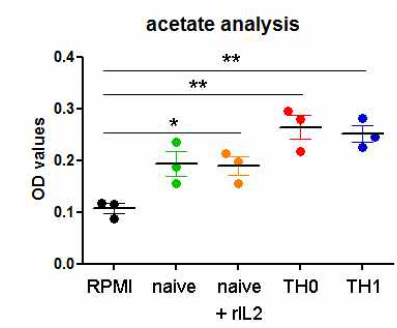 배양된 T 세포에서 acetate 생산. FACS-sorted naive CD4+ T 세포를 RPMI media에서 no treatment (naive), rIL2처리 (naive+rIL2), TH0, TH1 조건에서 2일간 배양 후 media에서 acetate를 측정함. (*, p<0.05; **, p<0.01) RPMI: 세포 없이 media만 2일간 배양함