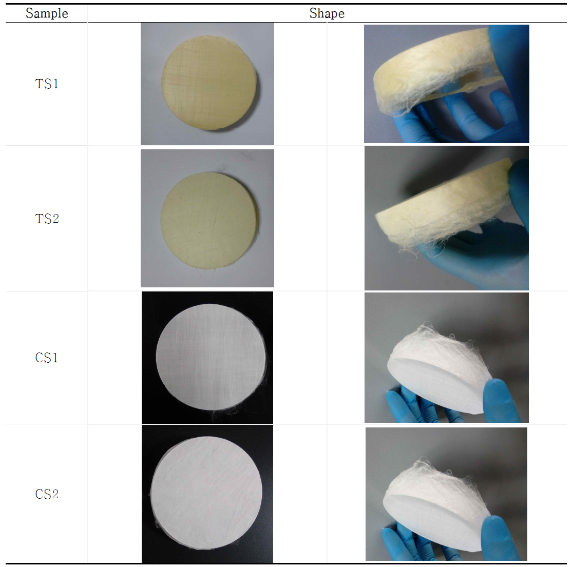 Image of laminating a porous thin film using curcumin and cacao bean powder. TS1, 2 layer (cross) of curcumin repeated spinning thin film; TS2, 8 layer of curcumin repeated spinning thin film; CS1, 2 layer (cross) of cacao bean repeated spinning thin film; CS2, 8 layer of cacao bean repeated spinning thin film