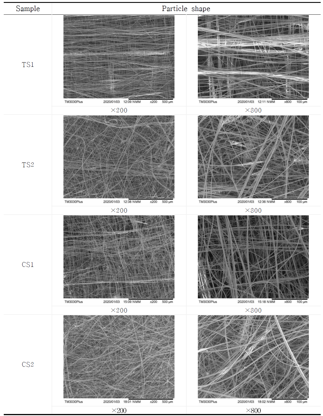 SEM image of laminating a porous thin film using curcumin and cacao bean powder. TS1, 2 layer (cross) of curcumin repeated spinning thin film; TS2, 8 layer of curcumin repeated spinning thin film; CS1, 2 layer (cross) of cacao bean repeated spinning thin film; CS2, 8 layer of cacao bean repeated spinning thin film