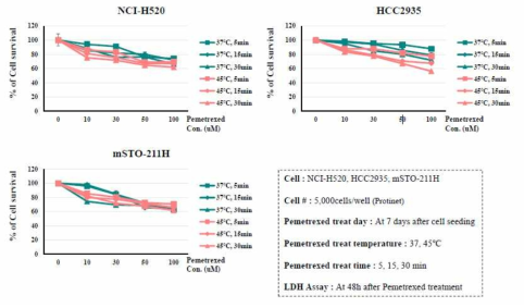 3D 모델에서 온도, 시간, 농도에 따른 Pemetrexed 세포독성 (LDH cytotoxicity assay)