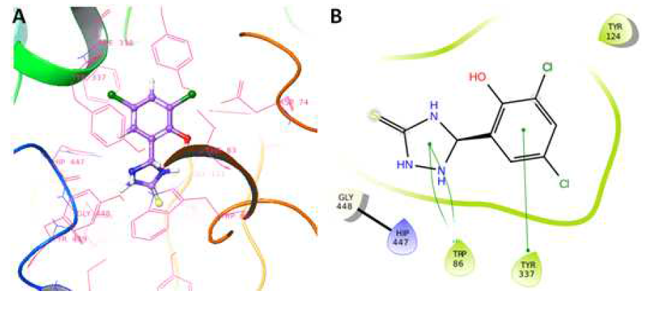 3D (A) and 2D (B) binding interaction of 3ab against AChE protein Thus, in vitro analysis and SAR with combination to the literature survey ensured the importance of these residues in bonding with other AChE inhibitors and supports our docking results [42,44]. Fig. 2A & 2B shows 3D and 2D graphical representations for interaction of 3ab with target protein. The docking complexes for remaining compounds (3a-3h, 3k-3q, 3s-3aa, 3ac) are mentioned in supporting data