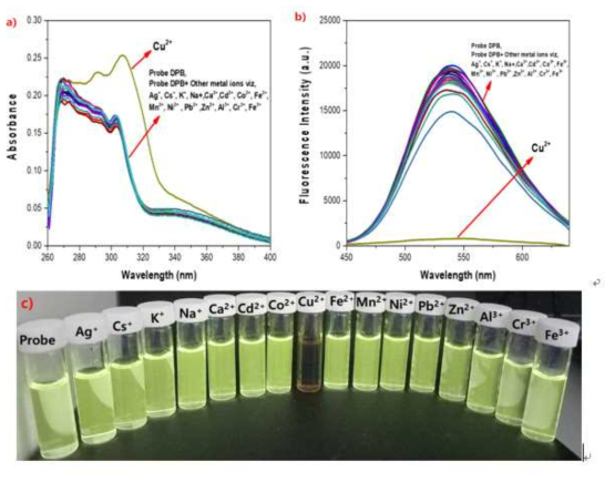 (a) Absorption spectra of DPB (10 μM) in the existence of varied metal ions (50 μM) in DMSO: water (1:1, v/v, pH 7.4) system. (b) Fluorescence spectra of DPB (10 μM) in the existence of varied metal ions (50 μM) in DMSO: water (1:1, v/v, pH 7.4) system. (c) Color changes observation after the addition of various metal ions