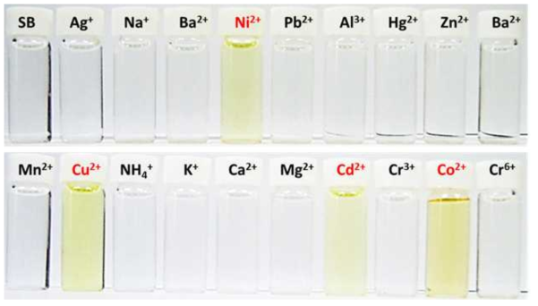 Digital photograph of solution with chemosensor SB in absence and presence of various metal ion