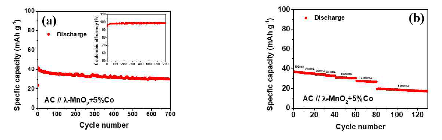 LNAHS에서의 (a) 100mA g-1 에서의 사이클 특성, (b) 100~5000mA g-1 범위에서의 사이클 특성 평가 결과