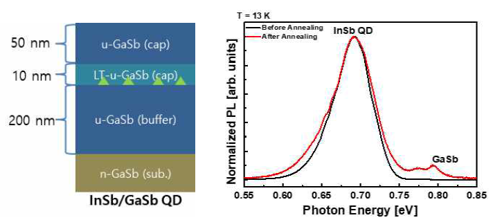 Droplet epitaxy법으로 성장한 InSb/GaSb 양자점 구조 및 열처리에 따른 PL 결과