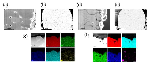 Zr 도핑, 코팅에 따른 활물질 내부의 micro pore 변화 SEM image 및 EDX 분석