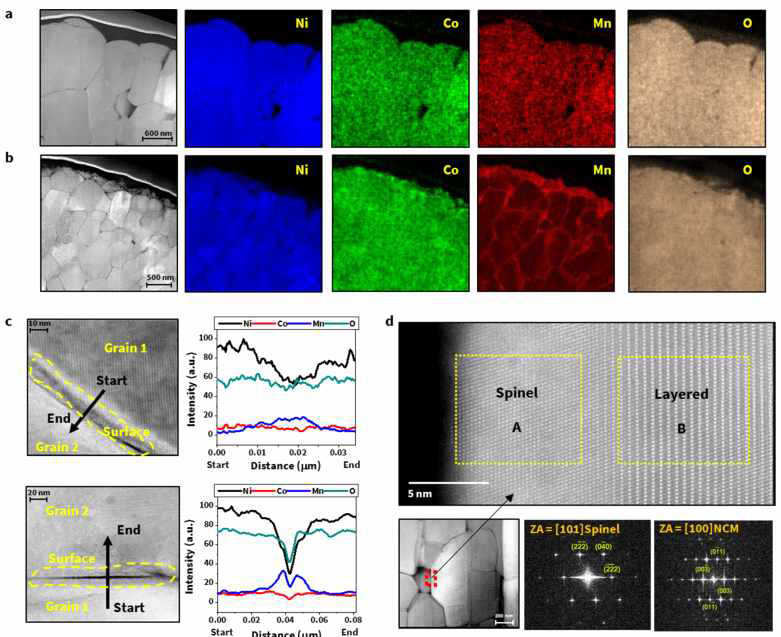 STEM-HADDF image 및 EDX 분석 (a) bare (b) 2wt.% 코팅 (c) 두 곳에서의 STEM-HADDF image 및 EDX lin-scan profile (d）Atomic resolution STEM-HADDF image