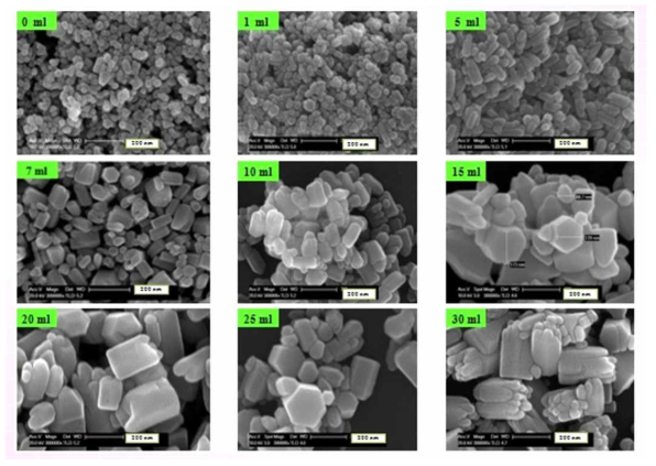 SEM images of ZnO prepared at various amount of ammonium hydroxide