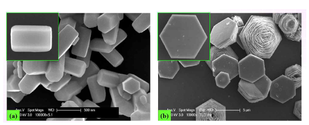 SEM images of ZnO by hydrothermal at 120°C for 12h (a) without surfactant and (b) with surfactant