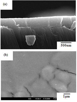 SEM images of the close section (a) and the surface (b) of the LATP thin-film sintered at 600℃