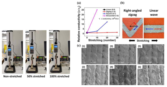 (a) 스트레칭 테스트주기에 따른 서로 다른 패턴의 Ag 페이스트의 상대적 전기 전도도. (b) 힘 분포를 설명하는 지그재그 및 선형 패턴 이미지의 개략도. (c) 표면 SEM 표면 이미지
