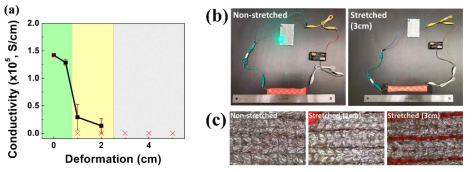 (a) 최대 5cm의 변형 하에서 전기 전도도 (b) LED 전구 시스템 및 (c) 확대 된 광학 이미지