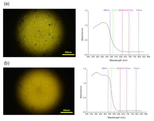 (a) 자황(천연)과 (b) 노랑(화학)안료 시편의 현미경이미지와 UV-Vis 흡수 스펙트럼