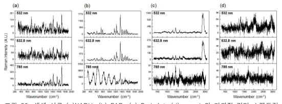 생체 시료 (a)NADH, (b) FAD, (c) Pork fat, (d) muscle의 다파장 라만 스펙트럼
